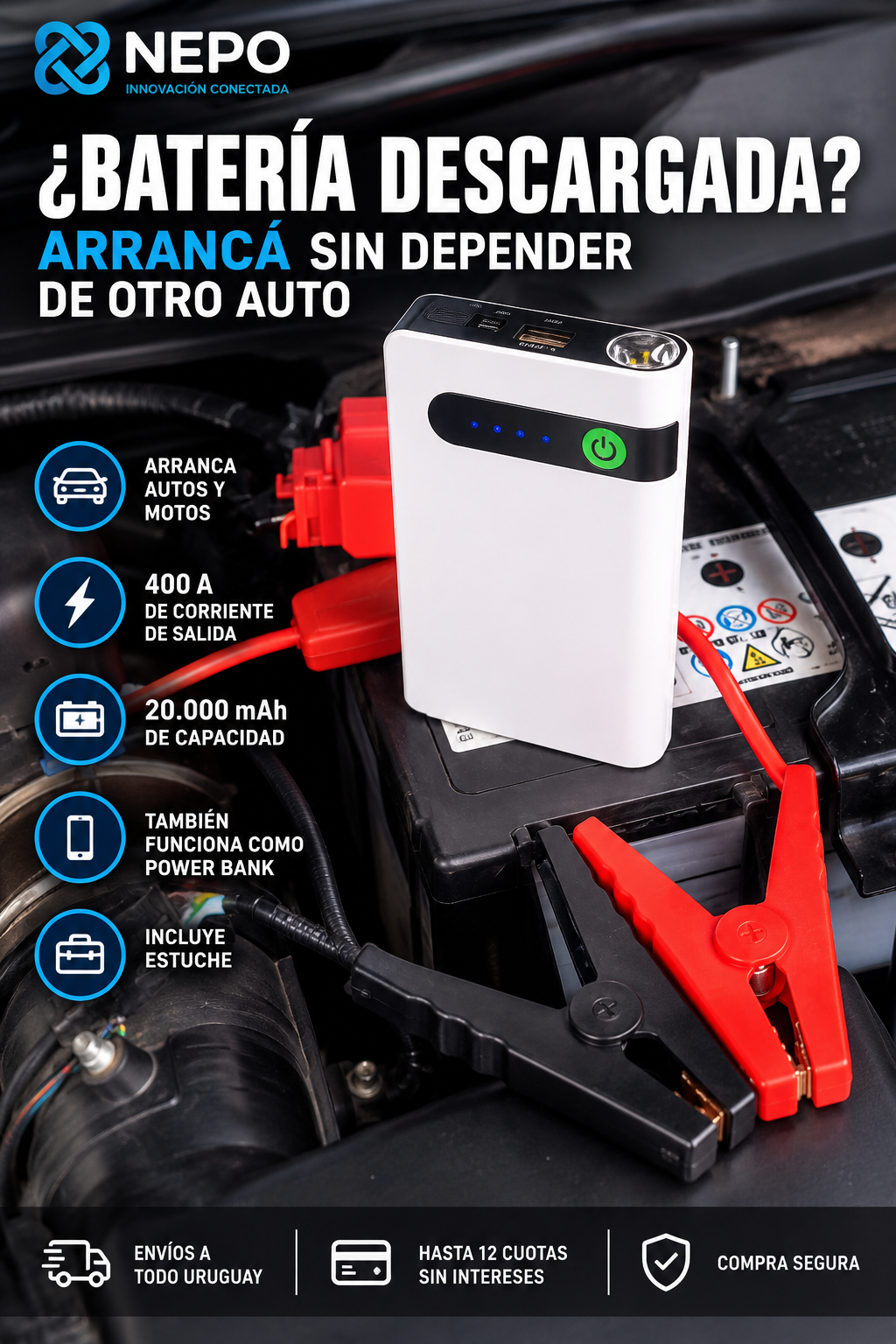 Arrancador de batería 20.000 mAh para auto y moto | Powerbank NEPO