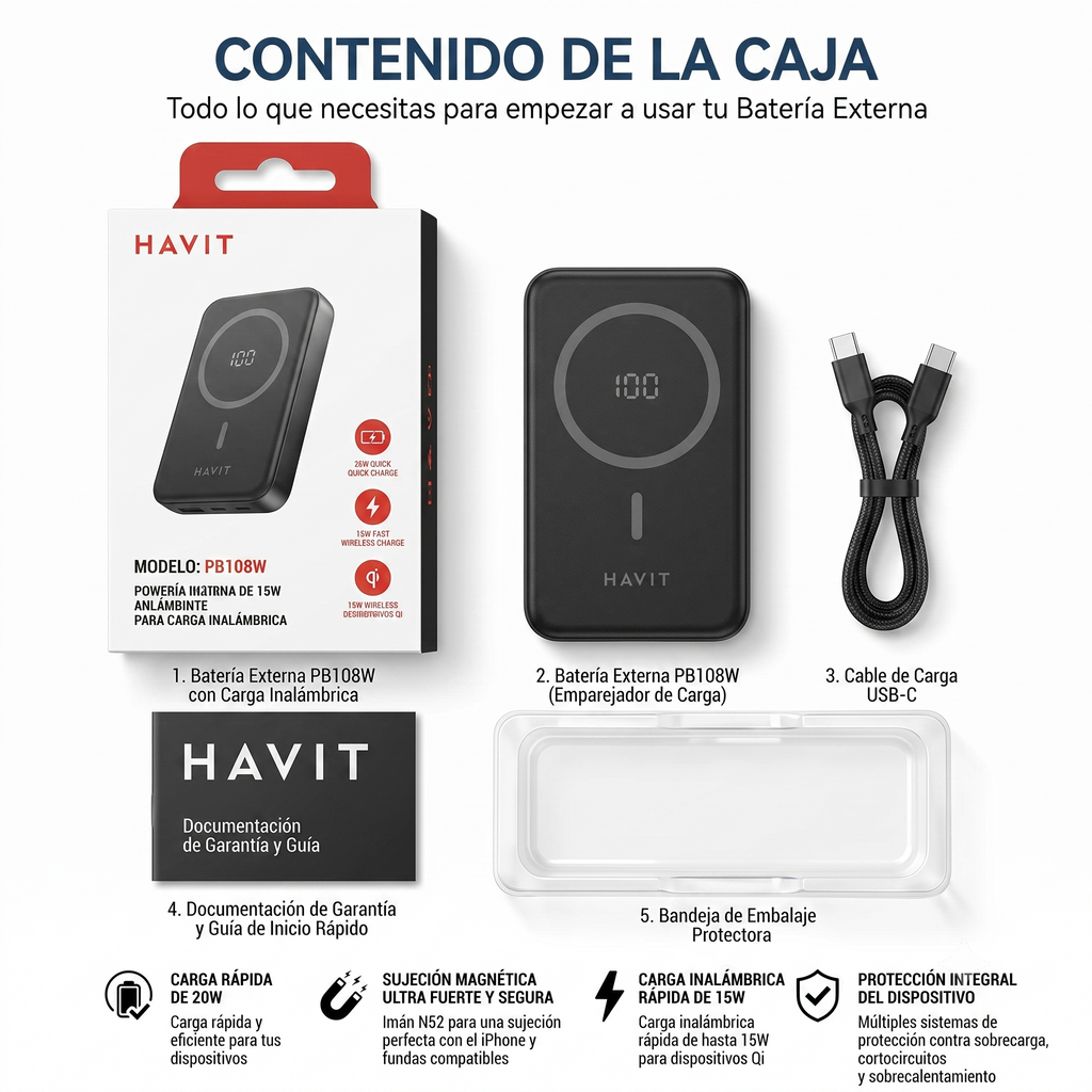 Power Bank Magnético HAVIT PB5224 de 10000mAh con Carga Inalámbrica 15W y PD20W