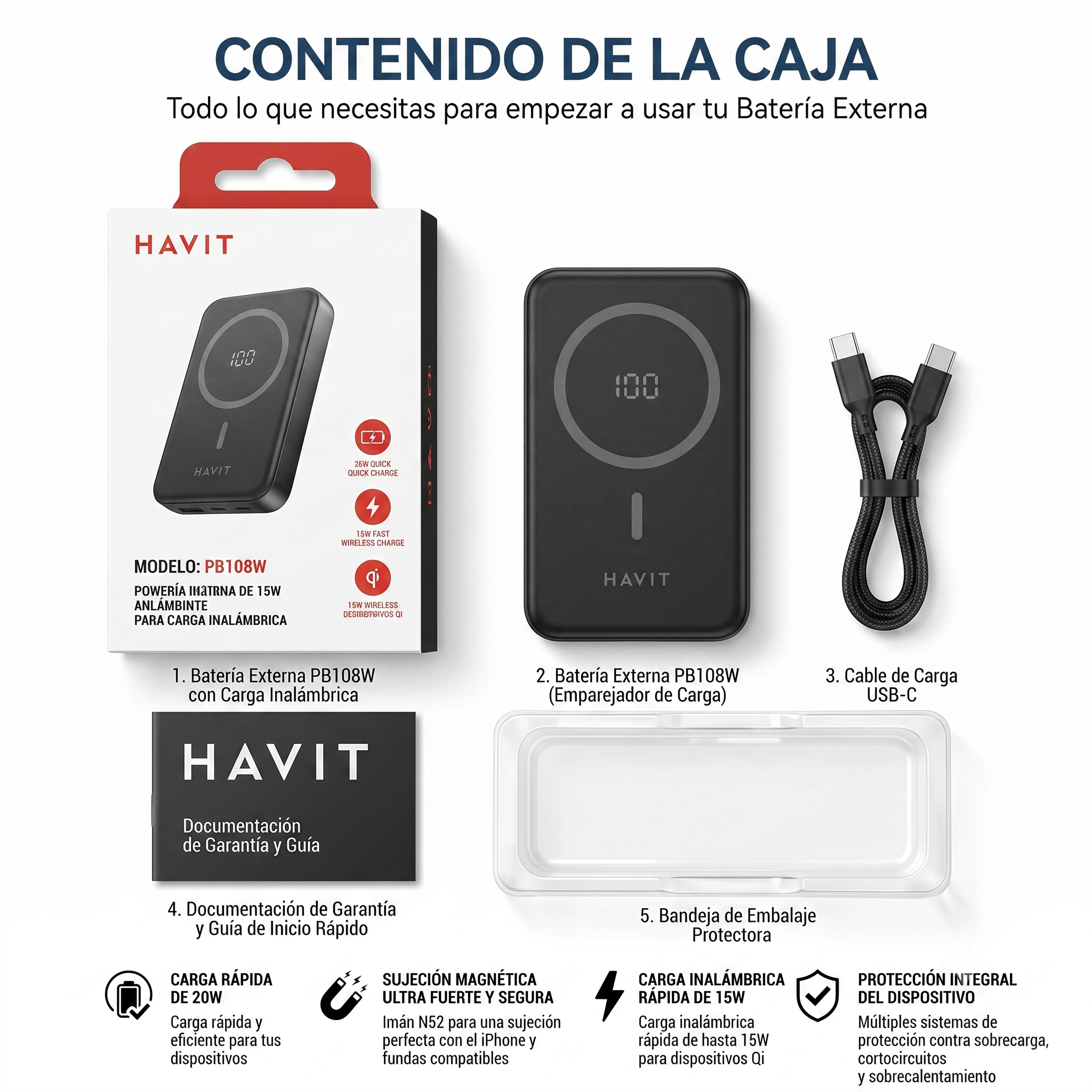 Power Bank Magnético HAVIT PB5224 de 10000mAh con Carga Inalámbrica 15W y PD20W