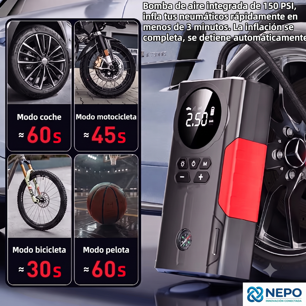 Arrancador de Batería y Compresor de Aire Portátil 4 en 1 (1800A, 150 PSI)