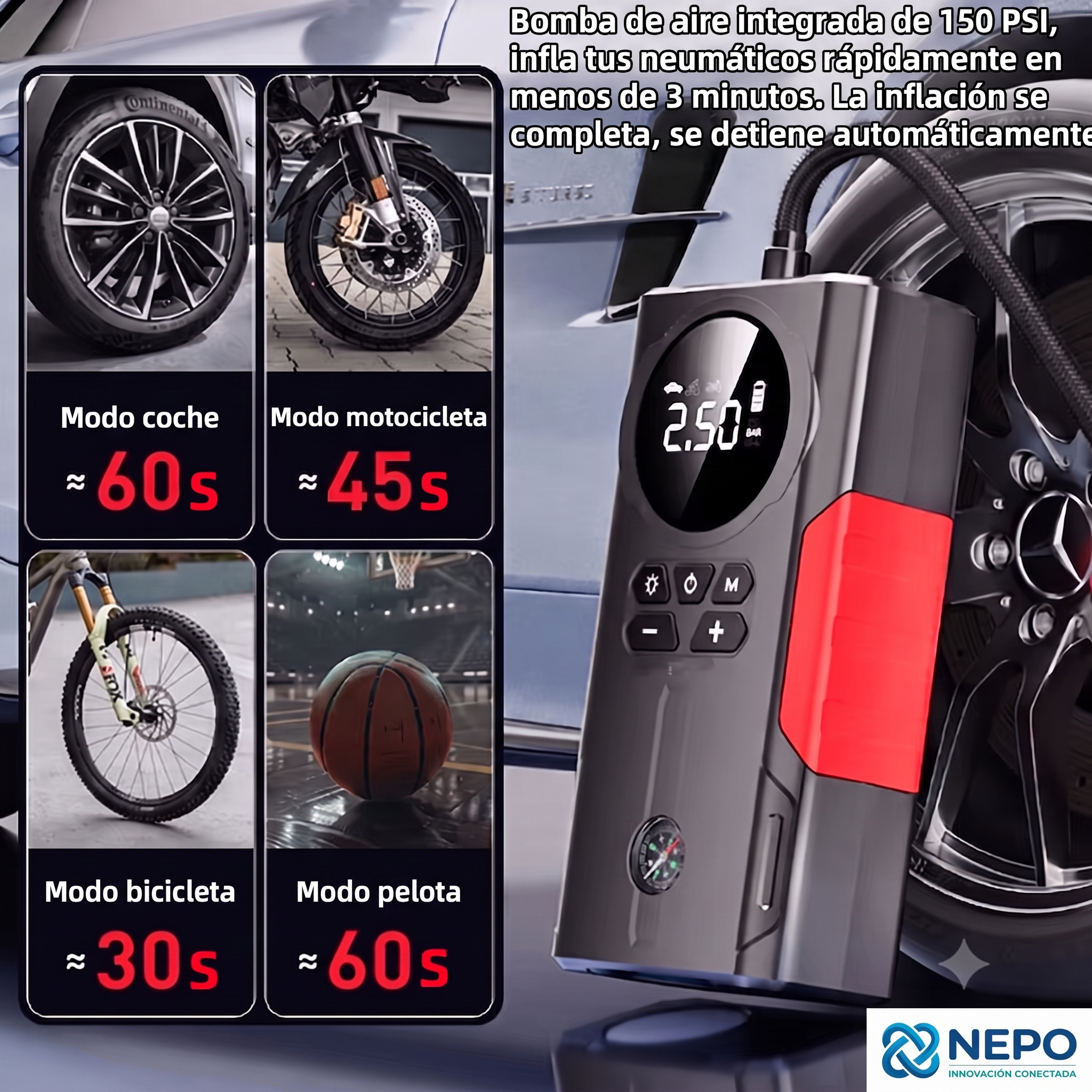 Arrancador de Batería y Compresor de Aire Portátil 4 en 1 (1800A, 150 PSI)