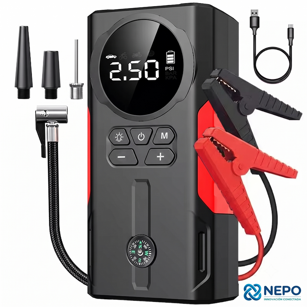 Arrancador de Batería y Compresor de Aire Portátil 4 en 1 (1800A, 150 PSI)