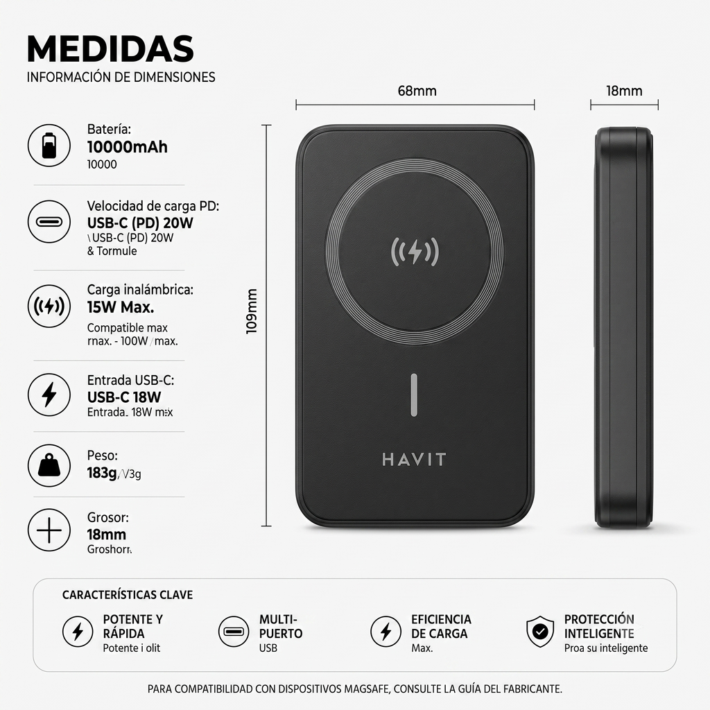 Power Bank Magnético HAVIT PB5224 de 10000mAh con Carga Inalámbrica 15W y PD20W
