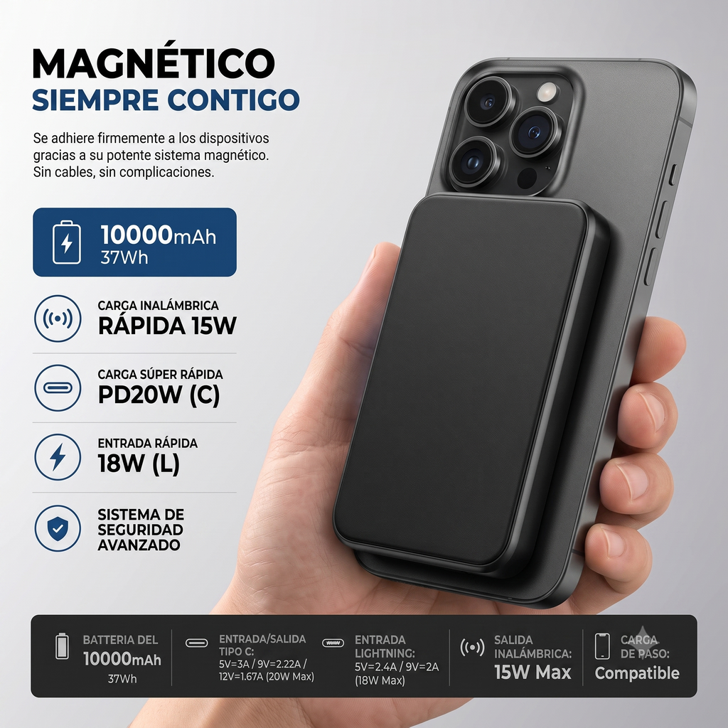 Power Bank Magnético HAVIT PB5224 de 10000mAh con Carga Inalámbrica 15W y PD20W