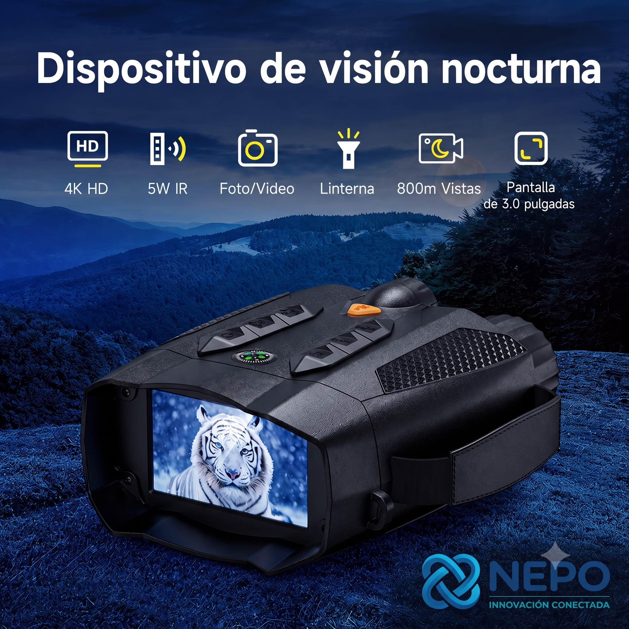 Binoculares / Visor de Visión Nocturna Infrarroja 4K Ultra HD – Pantalla IPS 3.0" – Alcance 800m – Zoom Digital 10x