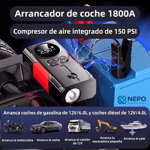 Arrancador de Batería y Compresor de Aire Portátil 4 en 1 (1800A, 150 PSI)