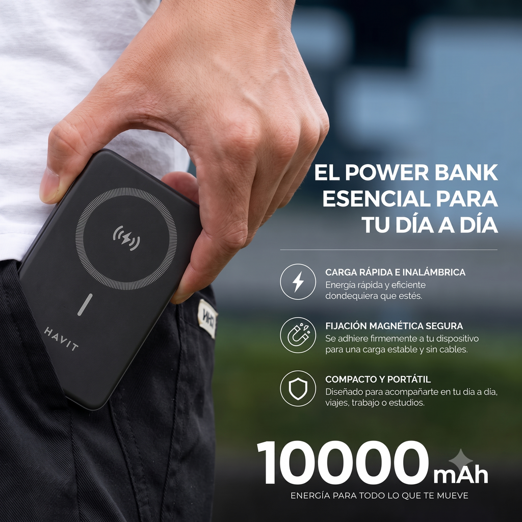 Power Bank Magnético HAVIT PB5224 de 10000mAh con Carga Inalámbrica 15W y PD20W