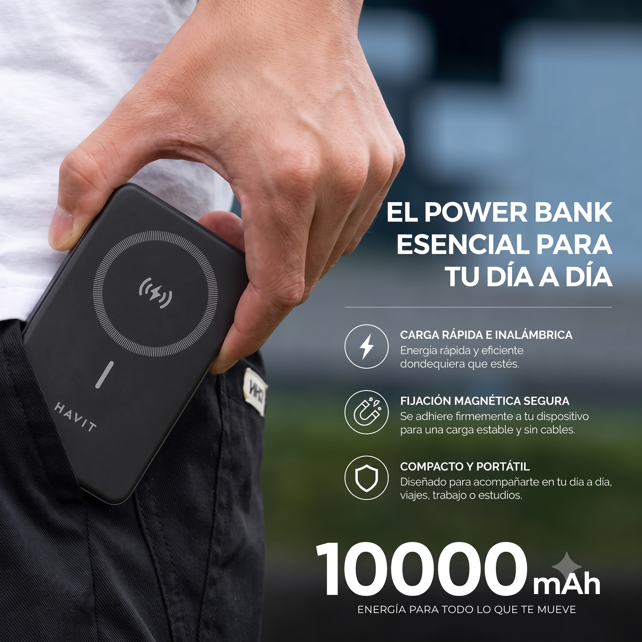 Power Bank Magnético HAVIT PB5224 de 10000mAh con Carga Inalámbrica 15W y PD20W